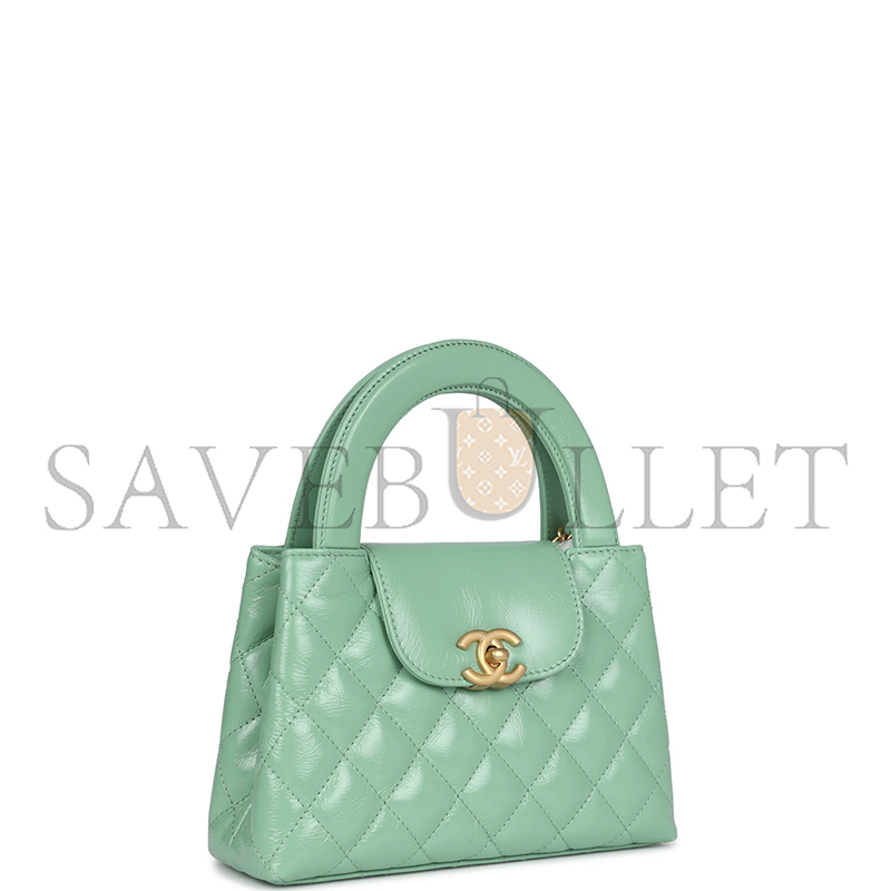 Ch*el kelly shopper light green shiny calfskin brushed gold hardware as4416 (19*13*7cm)